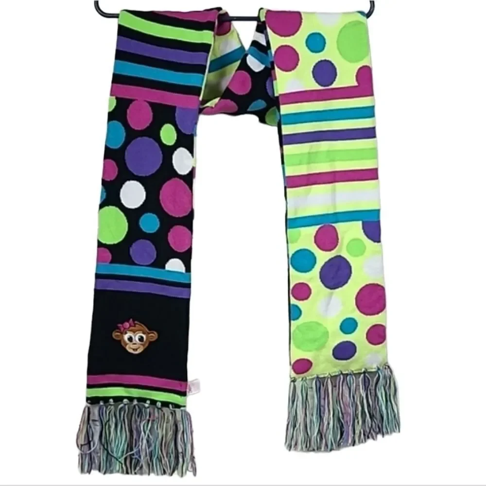 Justice Colorful Reversible Knit Fringe Trim Monkey Embroidered Long Scarf Dots